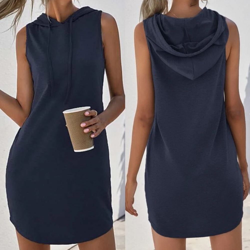 Casual navy blue sleeveless hoodie dress